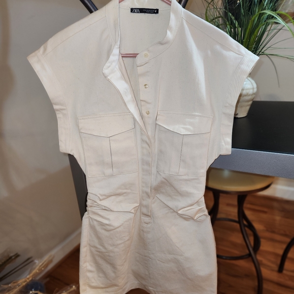 Zara Dresses & Skirts - NWOT Zara half button cream Heathered Linen Blend short sleeve mini dress SZ MED